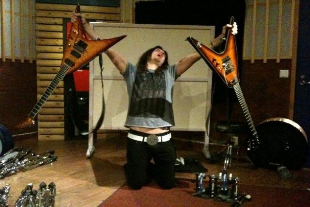 Tuomas celebrating the end of his rhythm guitar tracking!