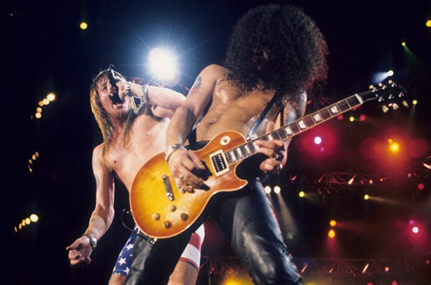 Axl Rose and Slash of Guns N Roses perform live at Rock In Rio II on January 15, 1991 in Rio De Janeiro, Brazil.(Photo by Ke.Mazur/WireImage)
