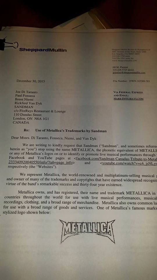 Metallica Lawsuit Letter