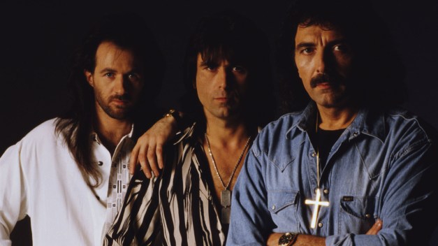 English rock band, Black Sabbath, circa 1990. L-R: Tony Martin, Cozy Powell, and Tommy Iommi. (Photo by Tony Mottram/Getty Images)