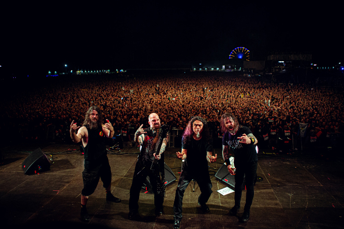 L-R:  Paul Bostaph,  Kerry King, Tom Araya, Gary Holt